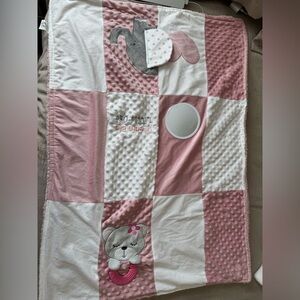 Pink and White Baby Blanket with Elephant and Bear Design